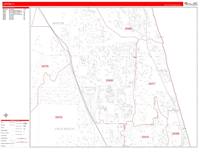 Jupiter, FL ZIP Code Wall Map, RedLine style