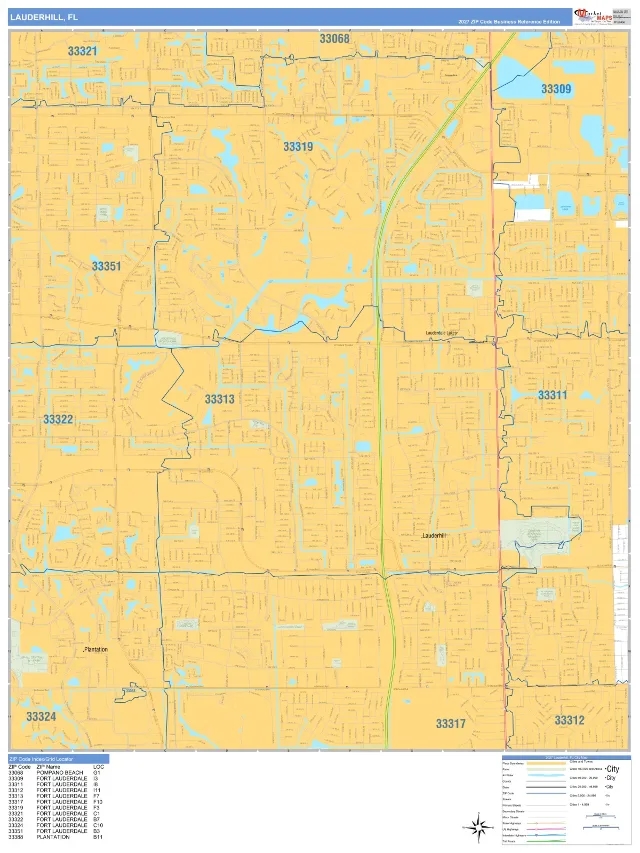 Lauderhill, FL ZIP Code Wall Map, Business Reference style