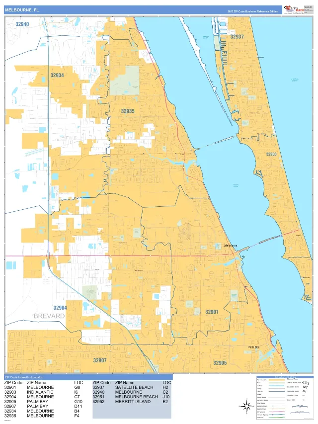 Melbourne, FL ZIP Code Wall Map, Business Reference style