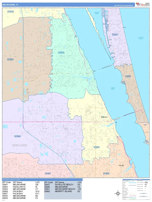 Melbourne, FL ZIP Code Wall Map, ColorCast style