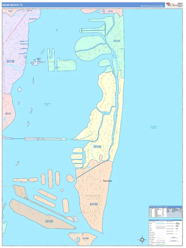 Miami Beach, FL ZIP Code Wall Map, ColorCast style