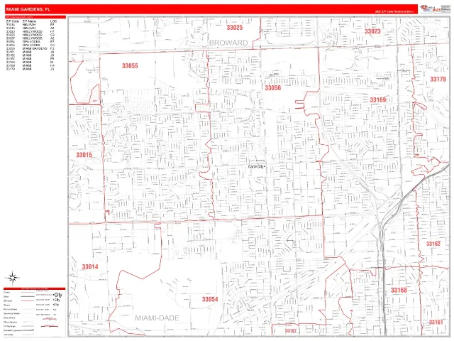 Miami Gardens, FL ZIP Code Wall Map, RedLine style