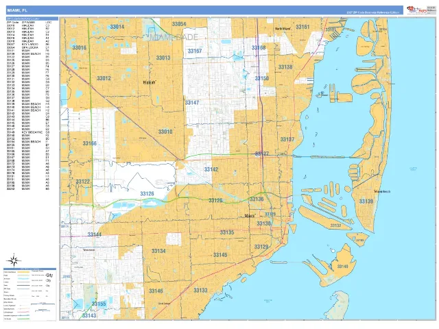 Miami, FL ZIP Code Wall Map, Business Reference style