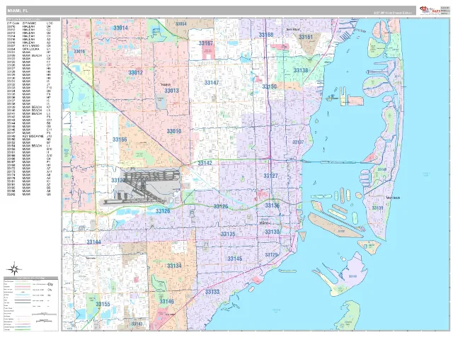 Miami, FL ZIP Code Wall Map, Classic style