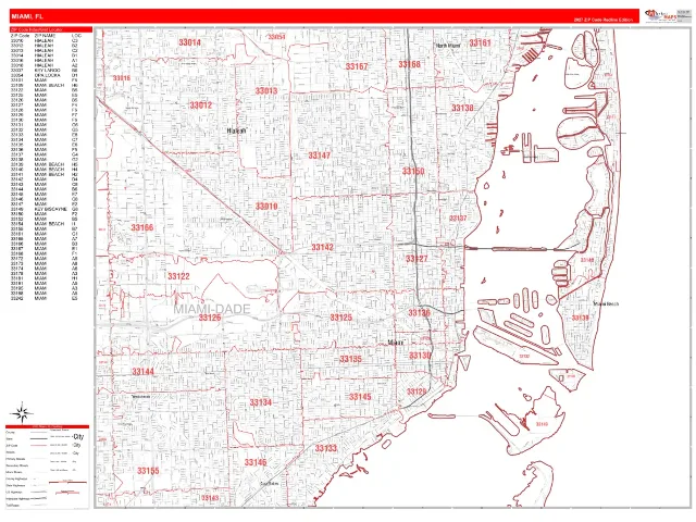 Miami, FL ZIP Code Wall Map, RedLine style