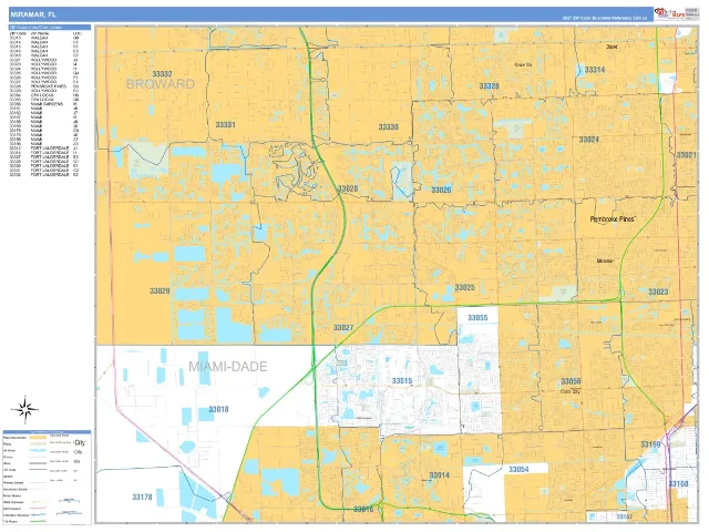 Miramar, FL ZIP Code Wall Map, Business Reference style