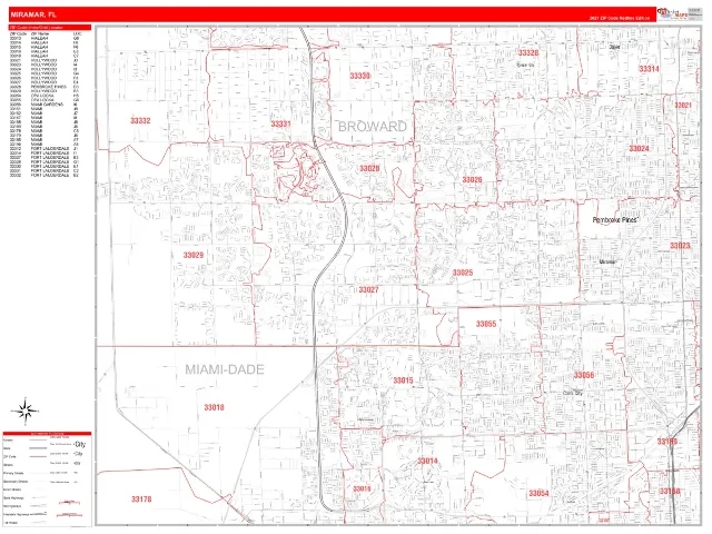 Miramar, FL ZIP Code Wall Map, RedLine style