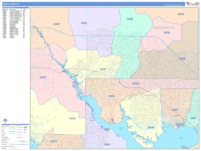 North Port, FL ZIP Code Wall Map, ColorCast style