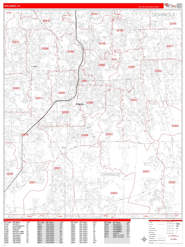 Orlando, FL ZIP Code Wall Map, RedLine style