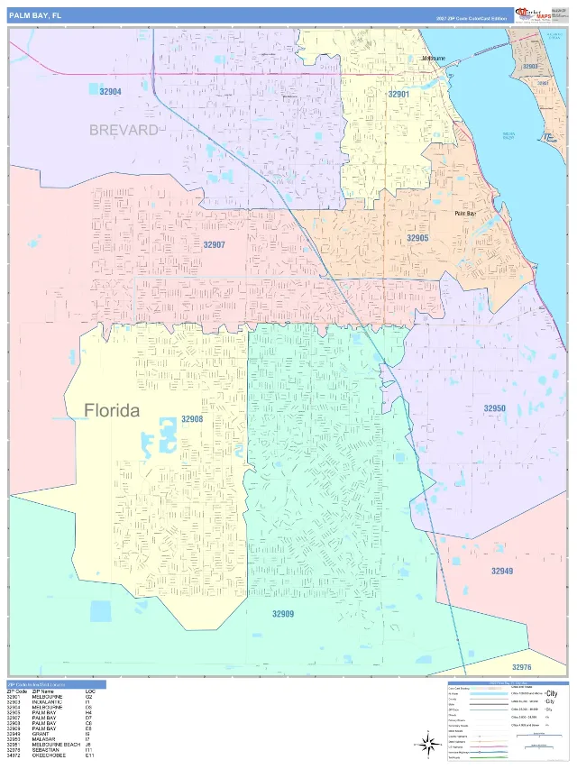 Palm Bay, FL ZIP Code Wall Map, ColorCast style
