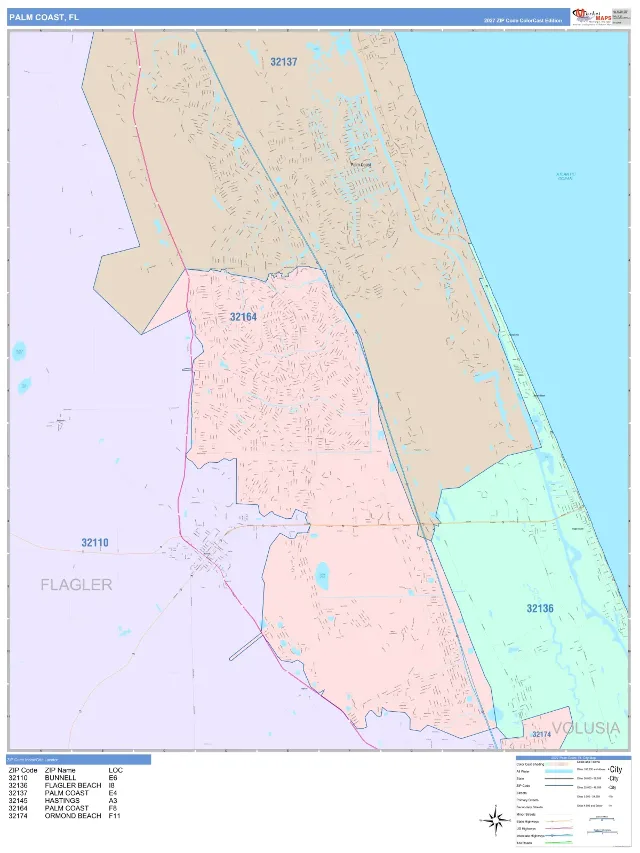 Palm Coast, FL ZIP Code Wall Map, ColorCast style