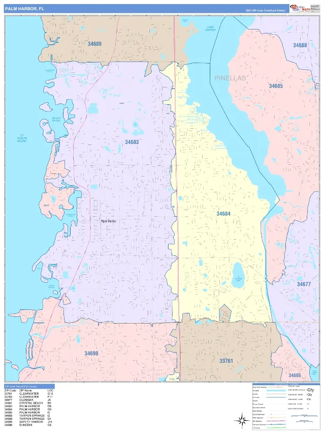 Palm Harbor, FL ZIP Code Wall Map, ColorCast style