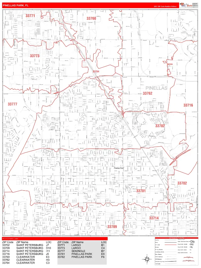 Pinellas Park, FL ZIP Code Wall Map, RedLine style