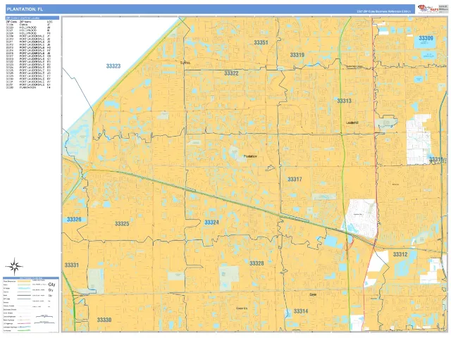 Plantation, FL ZIP Code Wall Map, Business Reference style