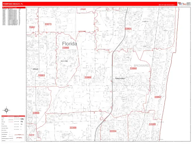 Pompano Beach, FL ZIP Code Wall Map, RedLine style