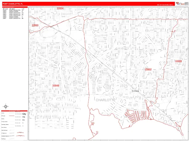 Port Charlotte, FL ZIP Code Wall Map, RedLine style