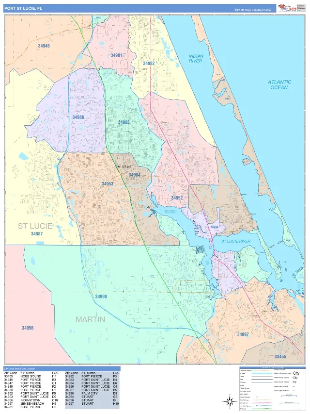 Port St Lucie, FL ZIP Code Wall Map, ColorCast style