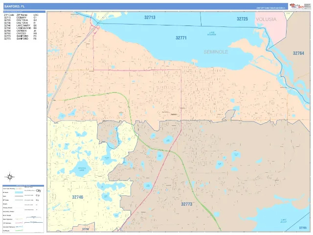 Sanford, FL ZIP Code Wall Map, ColorCast style