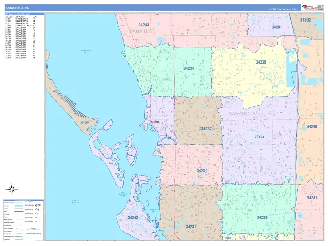 Sarasota, FL ZIP Code Wall Map, ColorCast style