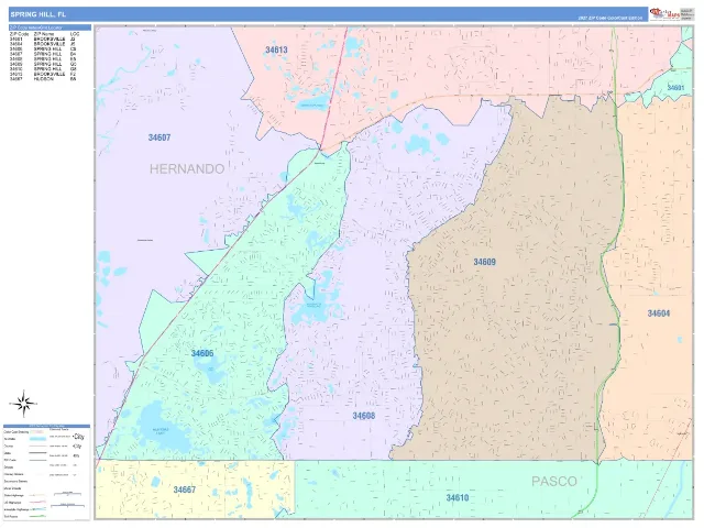 Spring Hill, FL ZIP Code Wall Map, ColorCast style