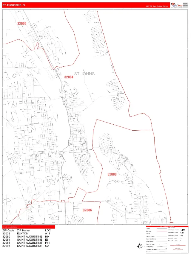 St. Augustine, FL ZIP Code Wall Map, RedLine style