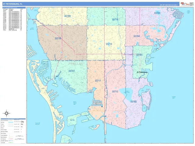 St Petersburg, FL ZIP Code Wall Map, ColorCast style