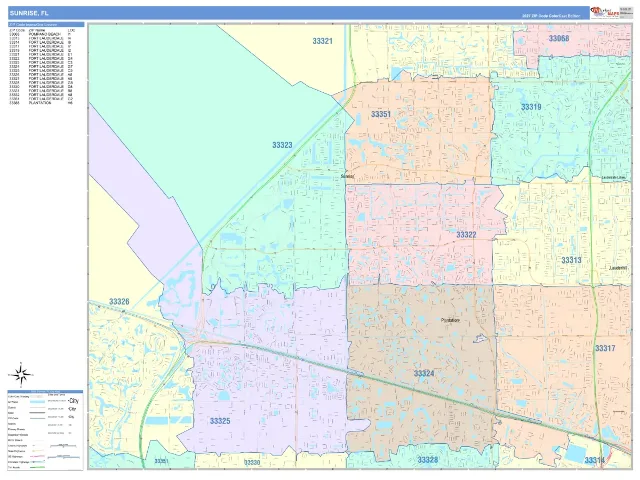 Sunrise, FL ZIP Code Wall Map, ColorCast style