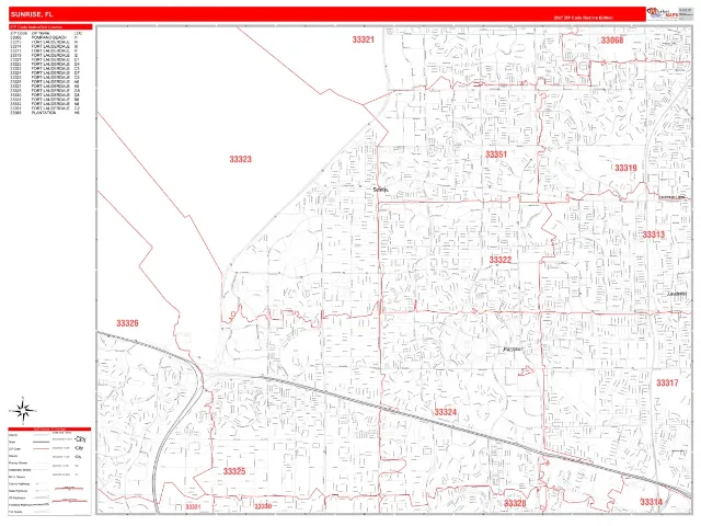 Sunrise, FL ZIP Code Wall Map, RedLine style