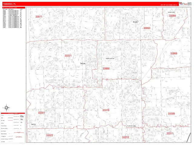 Tamarac, FL ZIP Code Wall Map, RedLine style