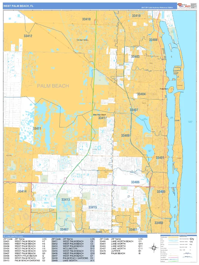 West Palm Beach, FL ZIP Code Wall Map, Business Reference style