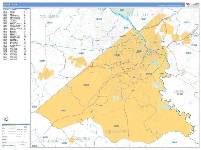 Augusta, GA ZIP Code Wall Map, Business Reference style