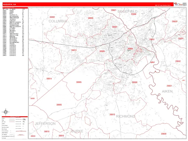 Augusta, GA ZIP Code Wall Map, RedLine style