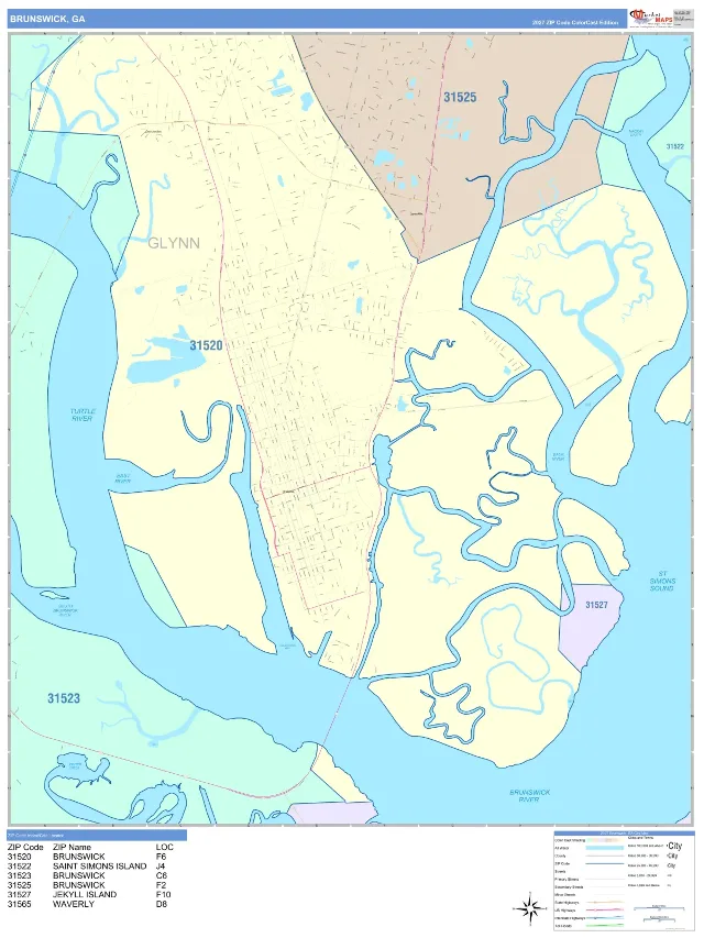 Brunswick, GA ZIP Code Wall Map, ColorCast style