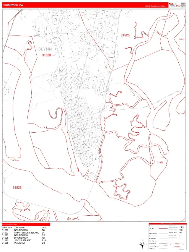 Brunswick, GA ZIP Code Wall Map, RedLine style