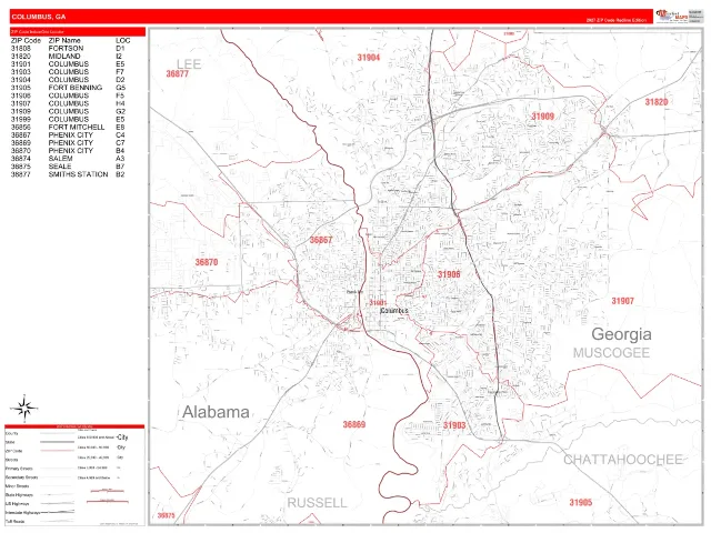 Columbus, GA ZIP Code Wall Map, RedLine style