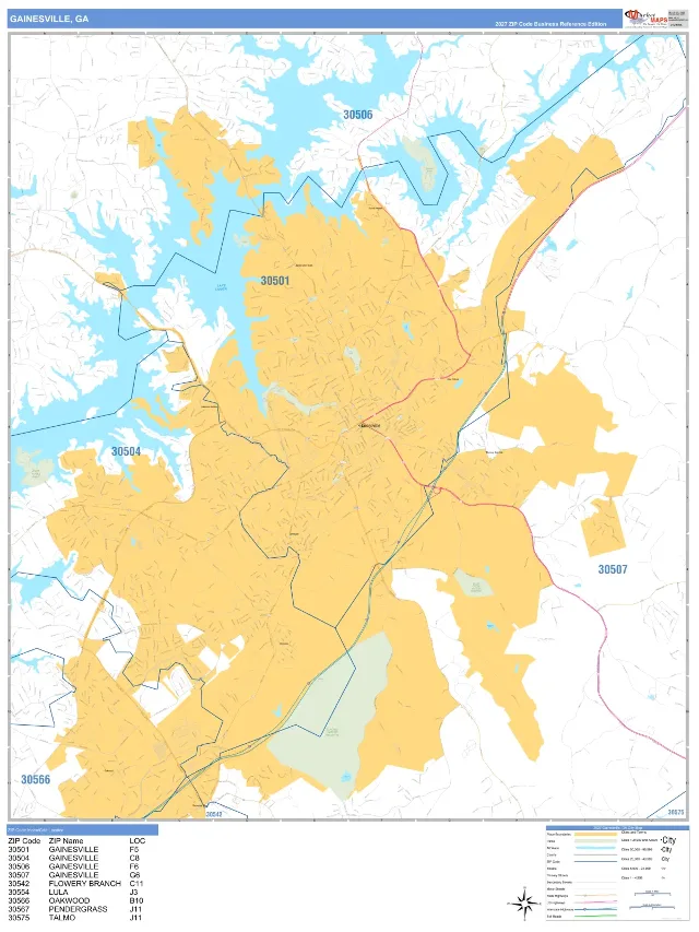 Gainesville, GA ZIP Code Wall Map, Business Reference style