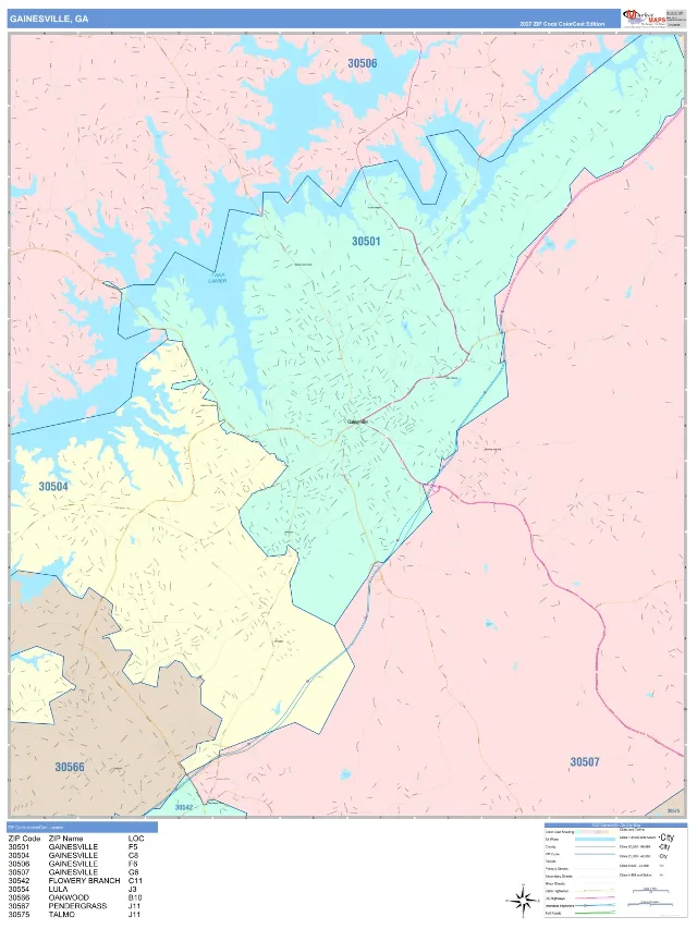 Gainesville, GA ZIP Code Wall Map, ColorCast style