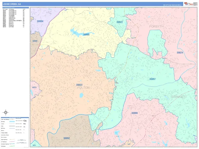 Johns Creek, GA ZIP Code Wall Map, ColorCast style