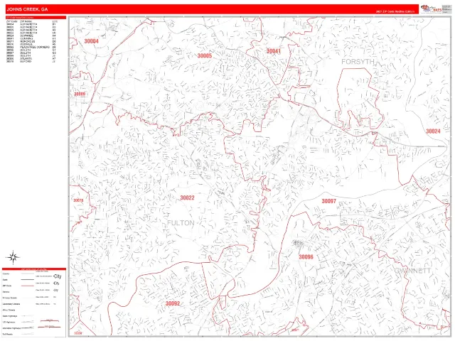 Johns Creek, GA ZIP Code Wall Map, RedLine style