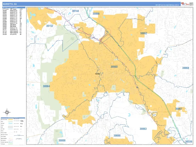 Marietta, GA ZIP Code Wall Map, Business Reference style