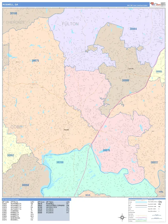 Roswell, GA ZIP Code Wall Map, ColorCast style