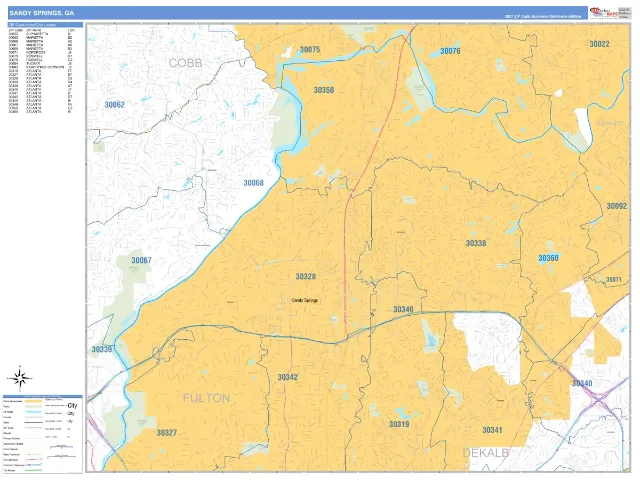 Sandy Springs, GA ZIP Code Wall Map, Business Reference style