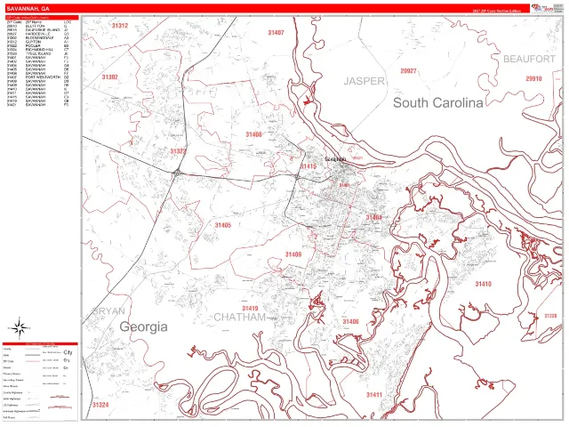 Savannah, GA ZIP Code Wall Map, RedLine style