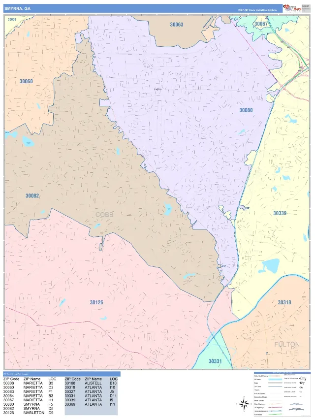 Smyrna, GA ZIP Code Wall Map, ColorCast style