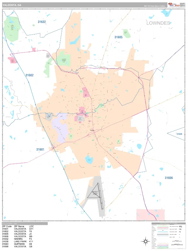 Valdosta, GA ZIP Code Wall Map, Classic style