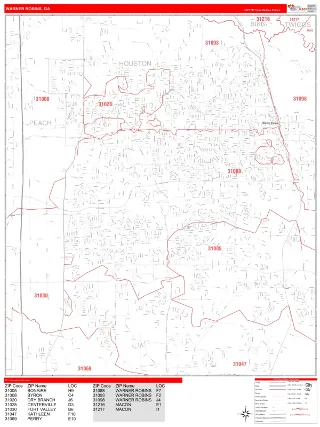 Warner Robins, GA RedLine style ZIP Code wall map
