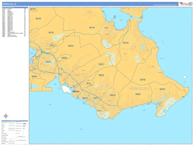 Honolulu, HI ZIP Code Wall Map, Business Reference style