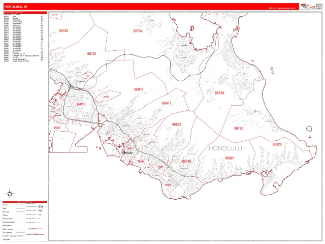 Honolulu, HI ZIP Code Wall Map, RedLine style