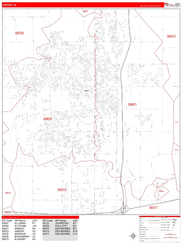 Ankeny, IA ZIP Code Wall Map, RedLine style