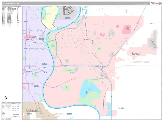 Council Bluffs, IA ZIP Code Wall Map, Classic style